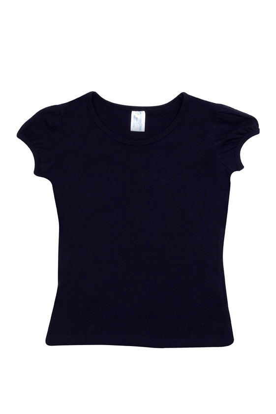 Girls Short Puff Sleeve T-shirt - Navy Blue - Front