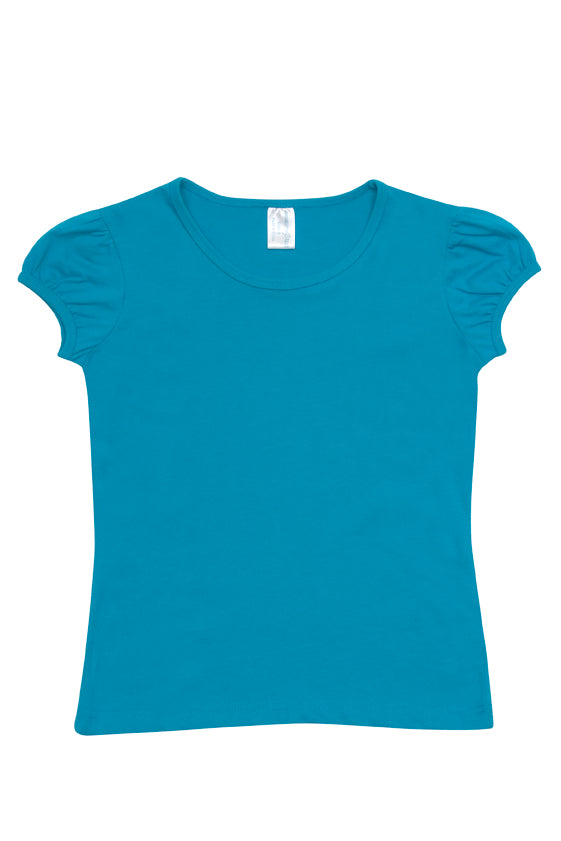 Girls Short Puff Sleeve T-shirt - Turquoise - Front