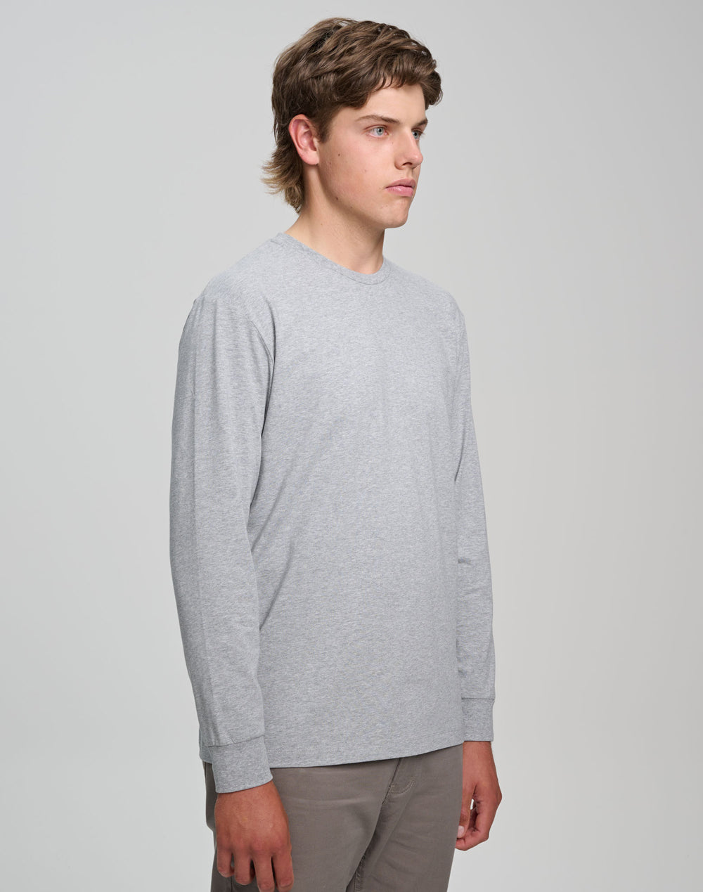 Mens Premium Cotton Face L/S Tee - Marl Grey - Model