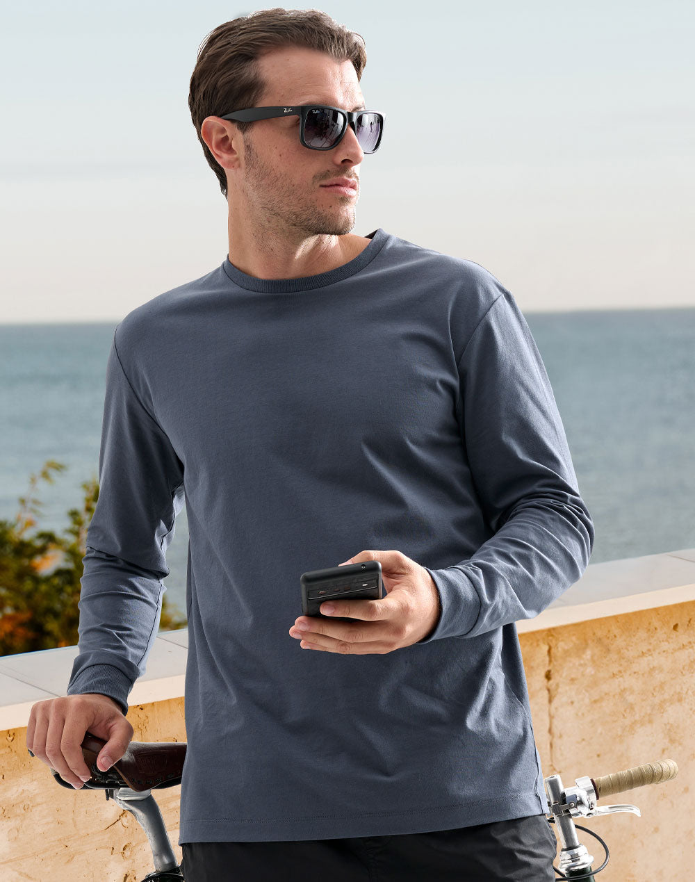 Mens Premium Cotton Face L/S Tee - Slate Blue - View