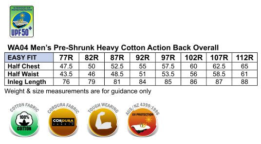 Men's Durable Action Back Overall - Size guide
