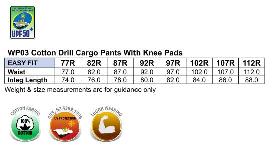 Men's Heavy Cotton Drill Cargo Pants - Size guide