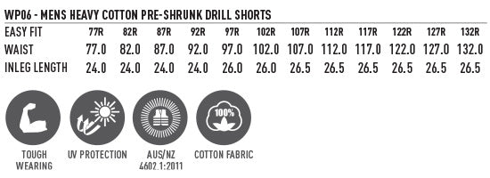 Men's Heavy Cotton Drill Cargo Shorts - Size guide