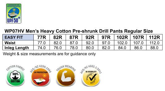 Pre-Shrunk Drill Pants With Biomotion 3M Tapes Regular Size - Size guide
