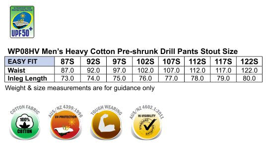 Pre-Shrunk Drill Pants With 3M Tapes Stout Size - Size guide