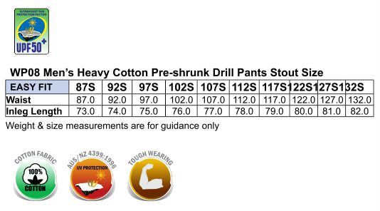 Men's Heavy Cotton Pre-Shrunk Drill Pants Stout Size - Size guide