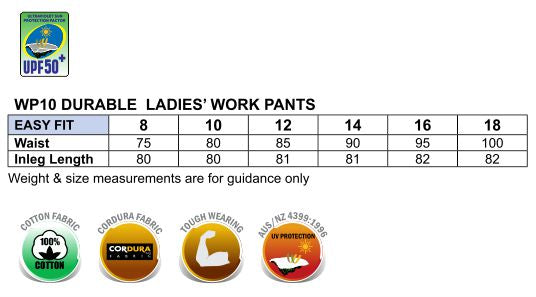 Ladies' Durable Work Pants - Size guide