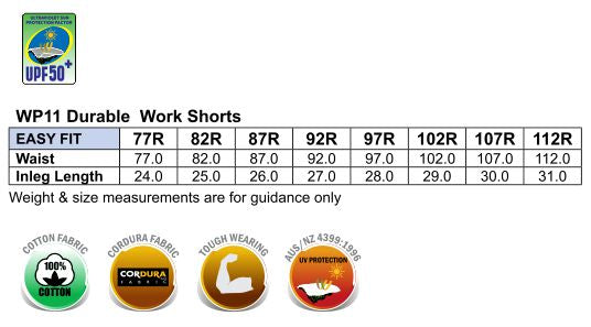 Cordura Durable Work Shorts - Size guide