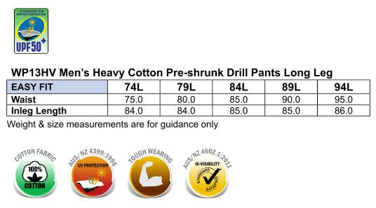 Pre-Shrunk Drill Pants With 3M Tapes Long Leg - Size guide