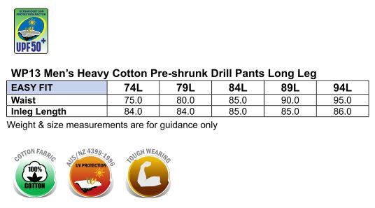 Men's Heavy Cotton Pre-Shrunk Drill Pants Long Leg - Size guide