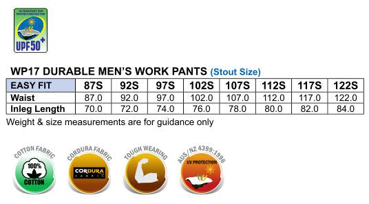 Cordura Durable Work Pants Stout Size - Size guide