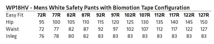 Mens White Safety pants with Biomotion Tape Configuration - Size guide