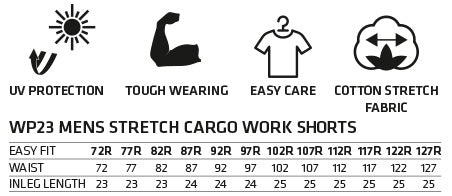 Mens Stretch Cargo Work Shorts With Design Panel Treatments - Size guide
