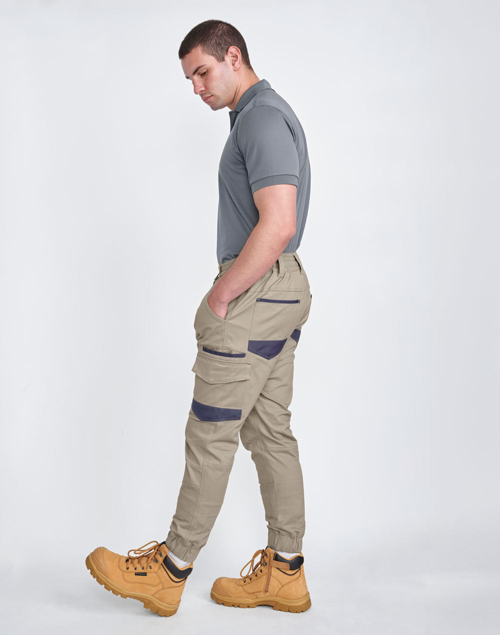 Unisex Cotton Stretch Drill Cuffed Work Pants - Sand - View