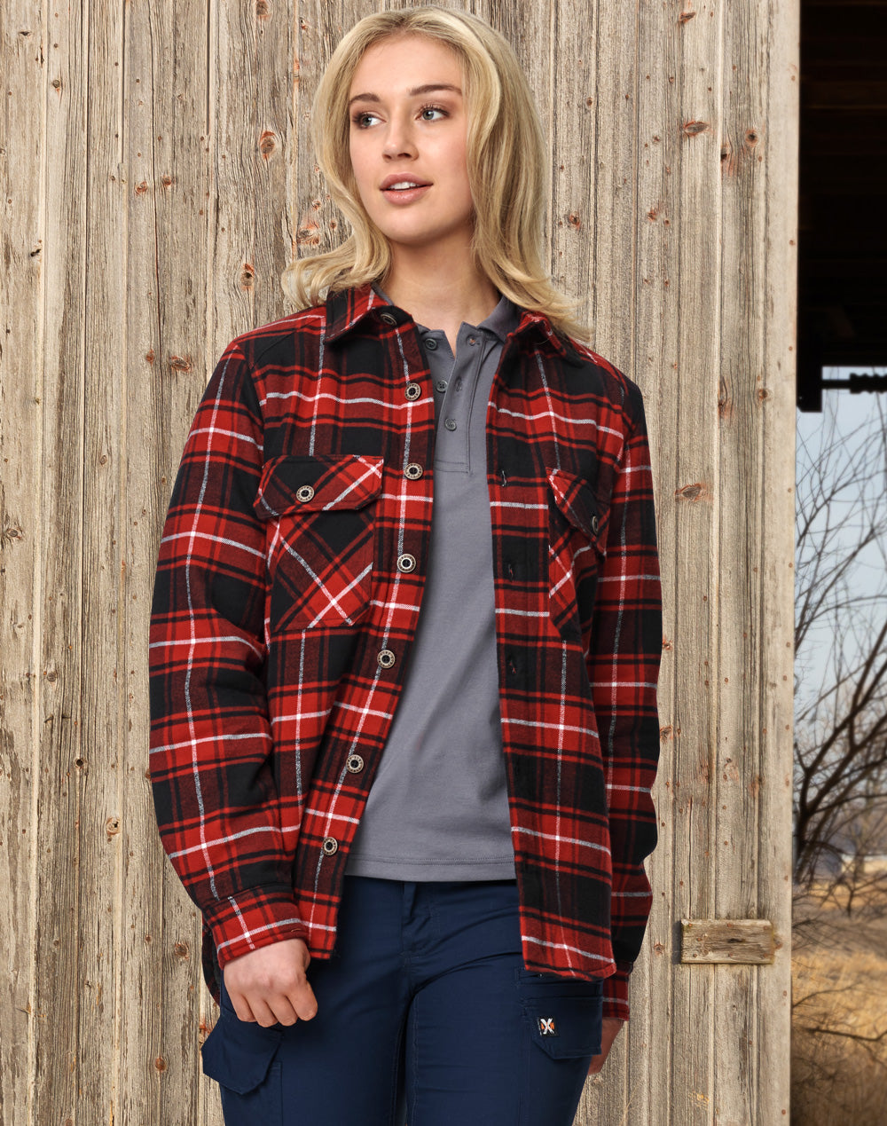 Unisex Quilted Flannel Shirt-Style Jacket - Black/Wine - View