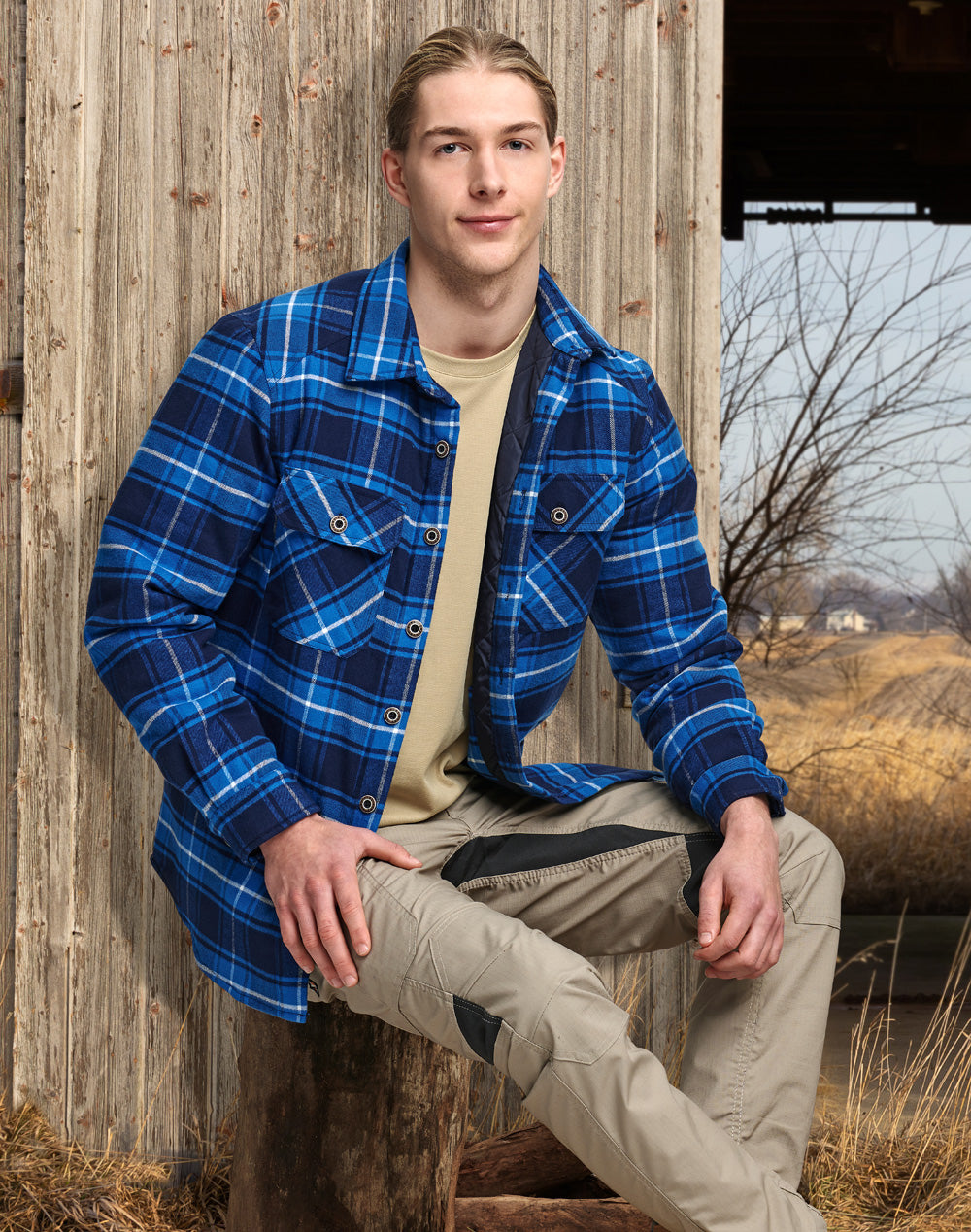 Unisex Quilted Flannel Shirt-Style Jacket - Navy/Blue - View