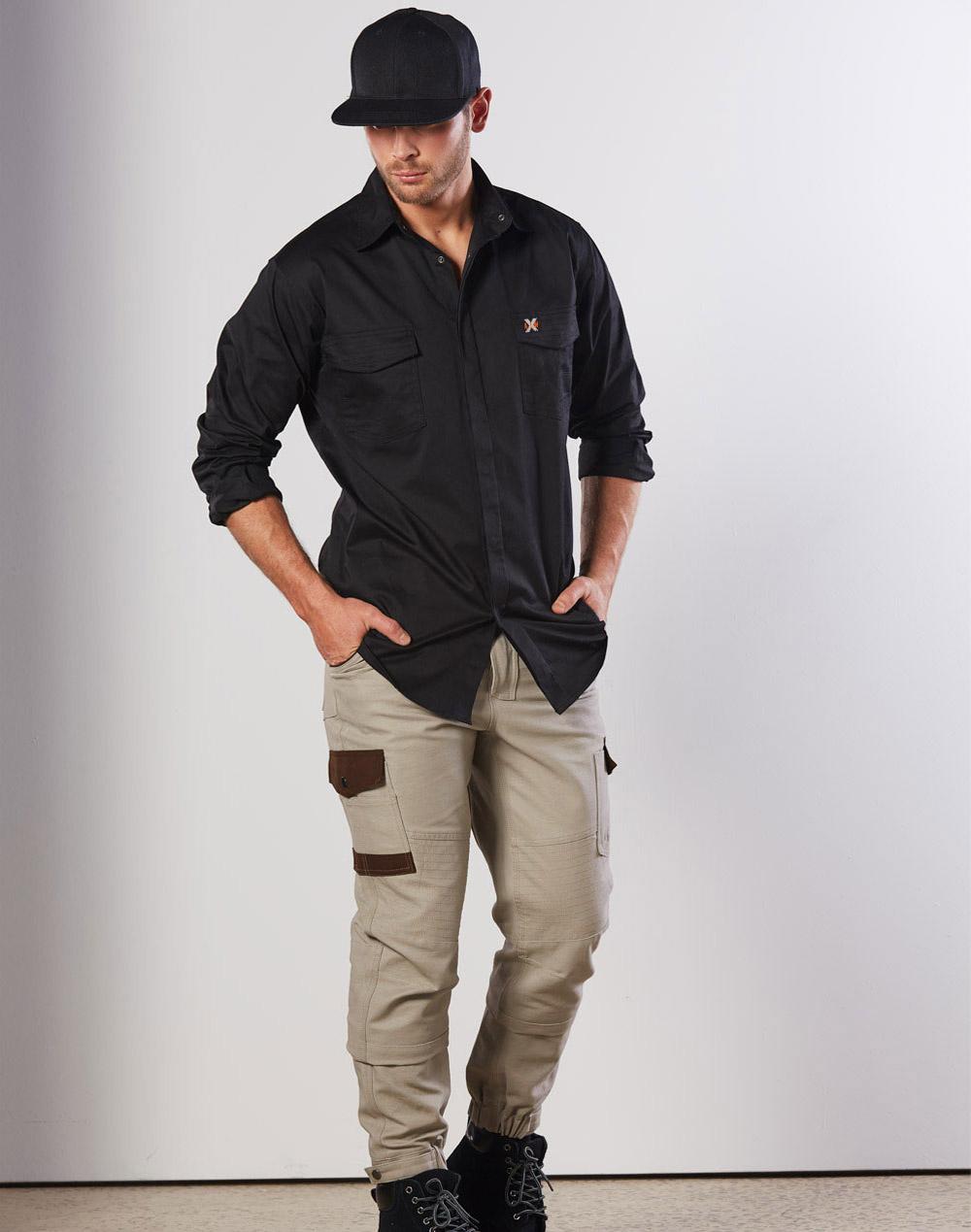 Mens Stretch Work Shirt With 2 Front Flap Pockets