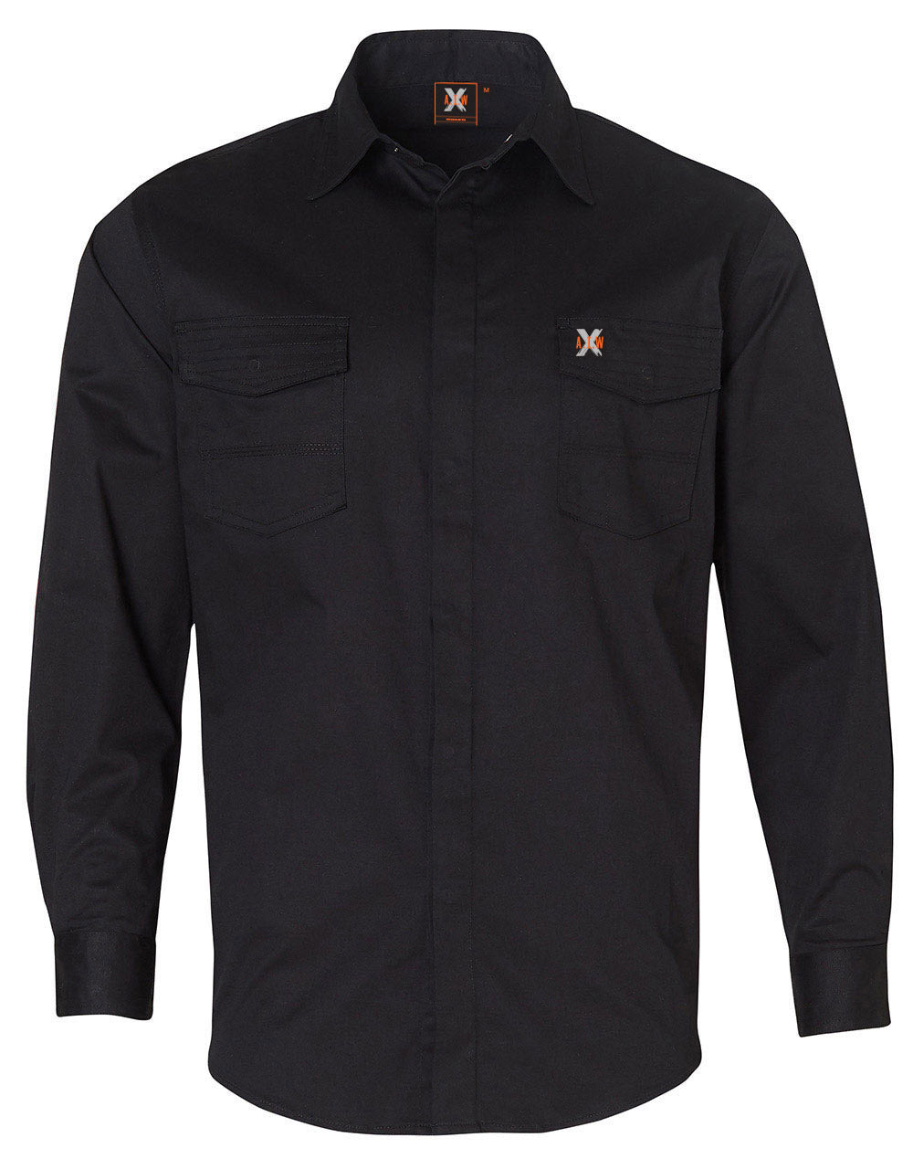 Mens Stretch Work Shirt With 2 Front Flap Pockets - Black - Front