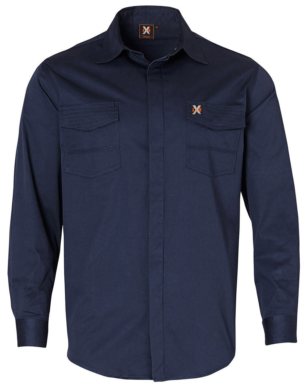 Mens Stretch Work Shirt With 2 Front Flap Pockets - Navy - Front