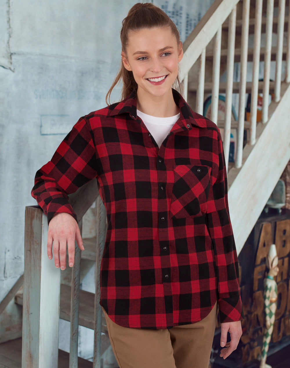Unisex Classic Flannel Plaid Ls Shirt - Black/Wine - Model
