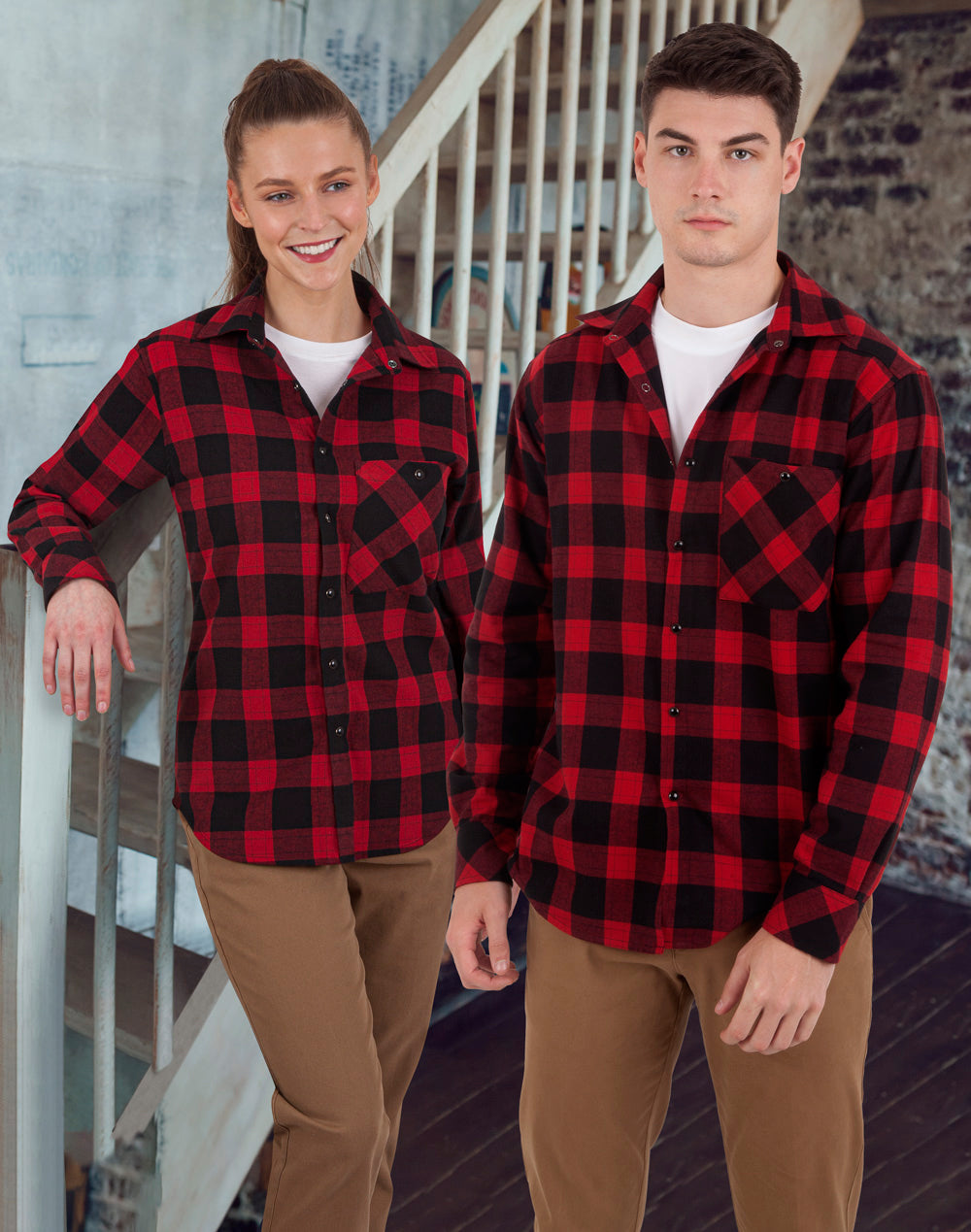 Unisex Classic Flannel Plaid Ls Shirt - Black/Wine - Model