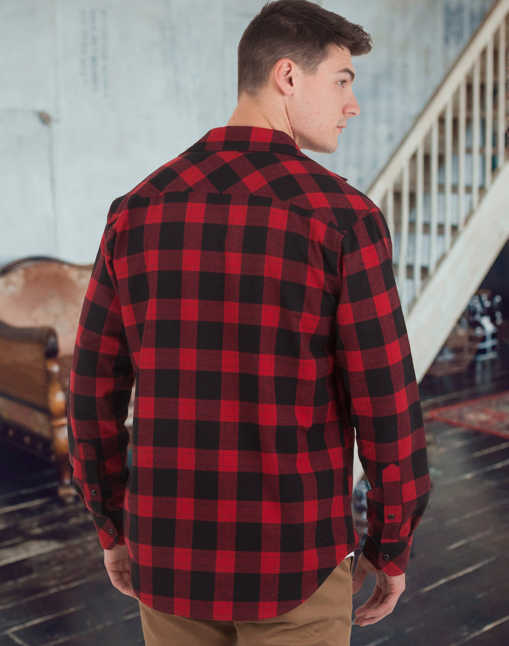 Unisex Classic Flannel Plaid Ls Shirt - Black/Wine - Back