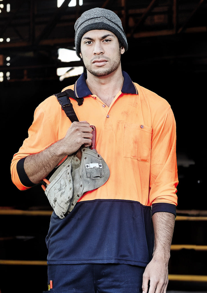Unisex Hi Vis Basic Long Sleeve Polo - Orange/Navy - Model
