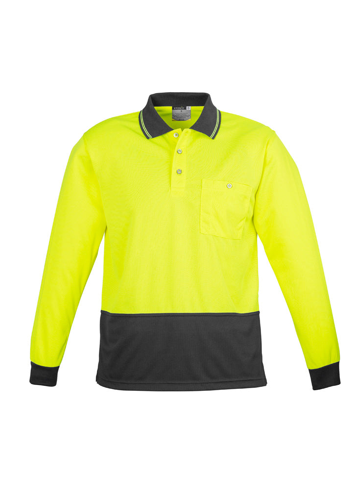Unisex Hi Vis Basic Long Sleeve Polo - Yellow/Charcoal - Front