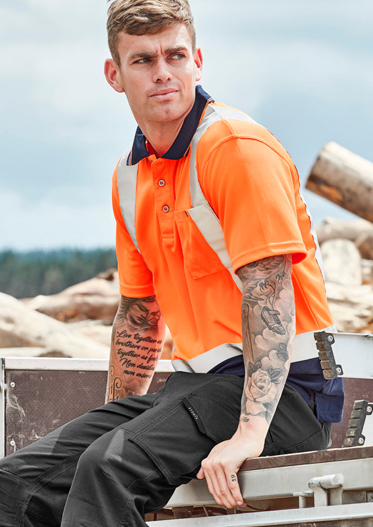 Mens Hi Vis Spliced Short Sleeve Polo - Shoulder Taped - Orange/Navy - Model