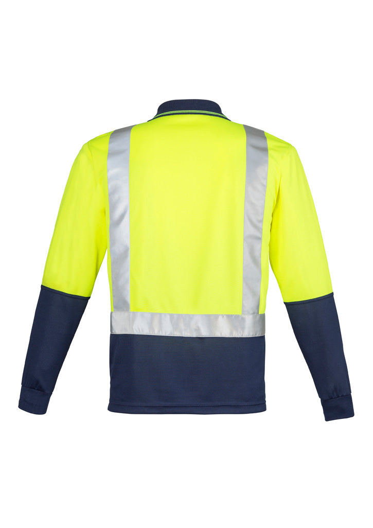 Mens Hi Vis Spliced Long Sleeve Polo - Shoulder Taped - Yellow/Navy - Back