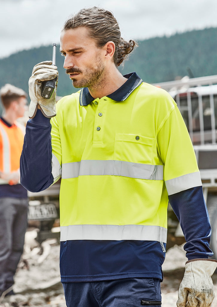 Mens Hi Vis Spliced Long Sleeve Polo - Hoop Taped - Yellow/Navy - Model