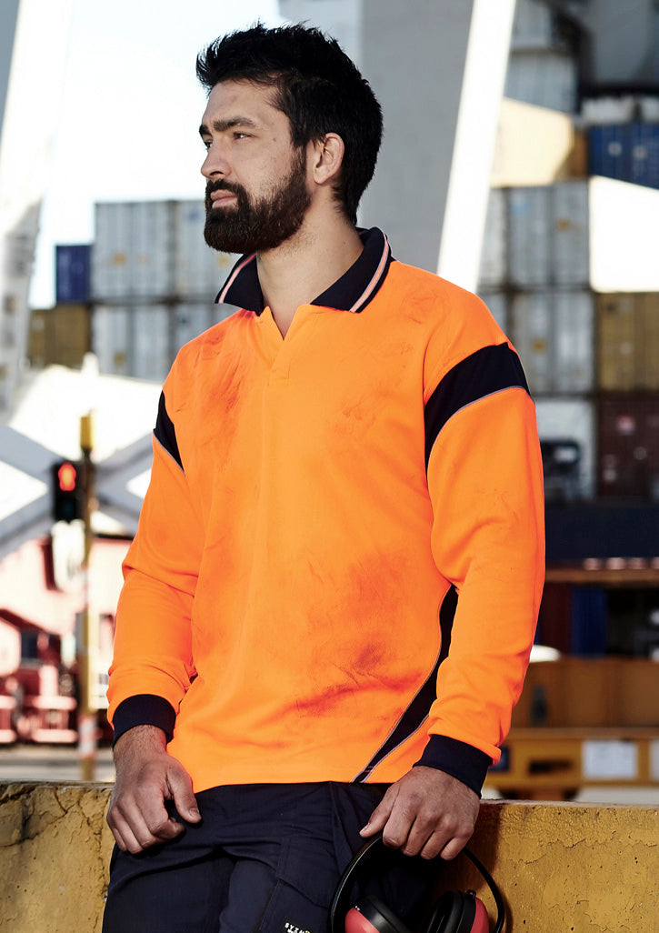 Mens Hi Vis Aztec Long Sleeve Polo - Orange/Navy - Model
