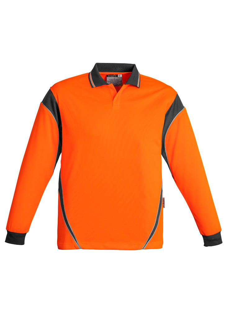 Mens Hi Vis Aztec Long Sleeve Polo - Orange/Charcoal - Front