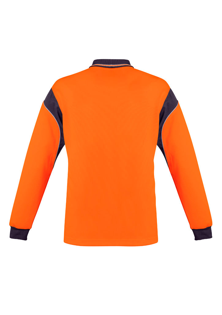 Mens Hi Vis Aztec Long Sleeve Polo - Orange/Navy - Back