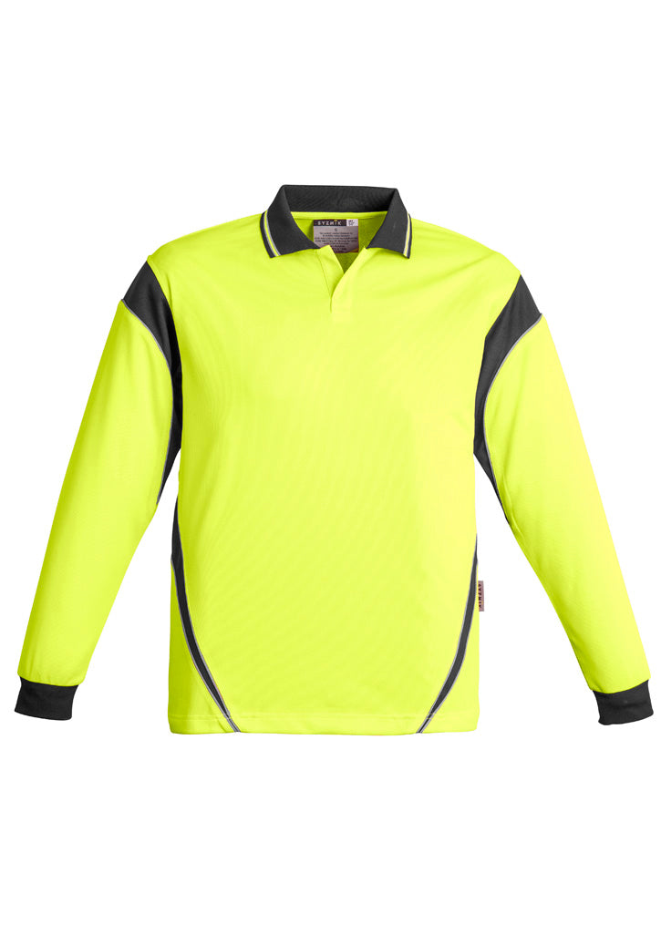 Mens Hi Vis Aztec Long Sleeve Polo - Yellow/Charcoal - Front