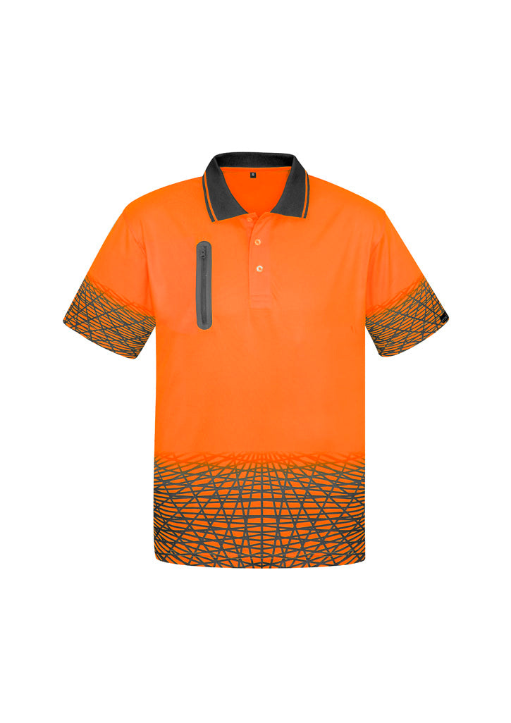 Mens Hi Vis Tracks Short Sleeve Polo - Orange/Charcoal - Front
