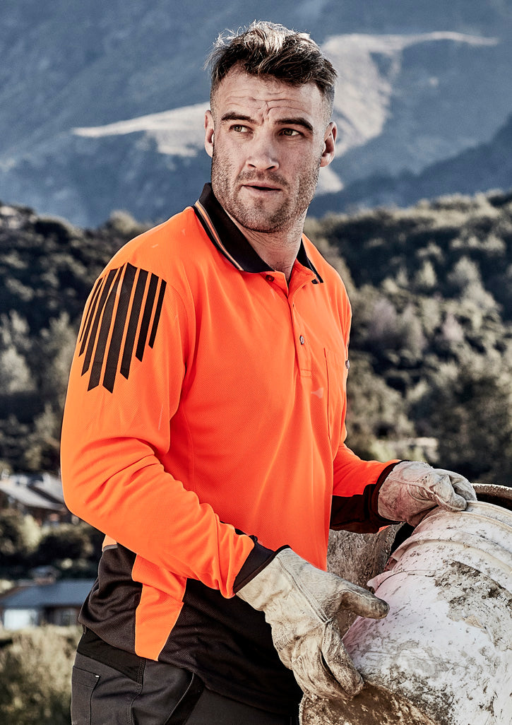 Mens Hi Vis Flux Long Sleeve Polo - Orange/Charcoal - Model