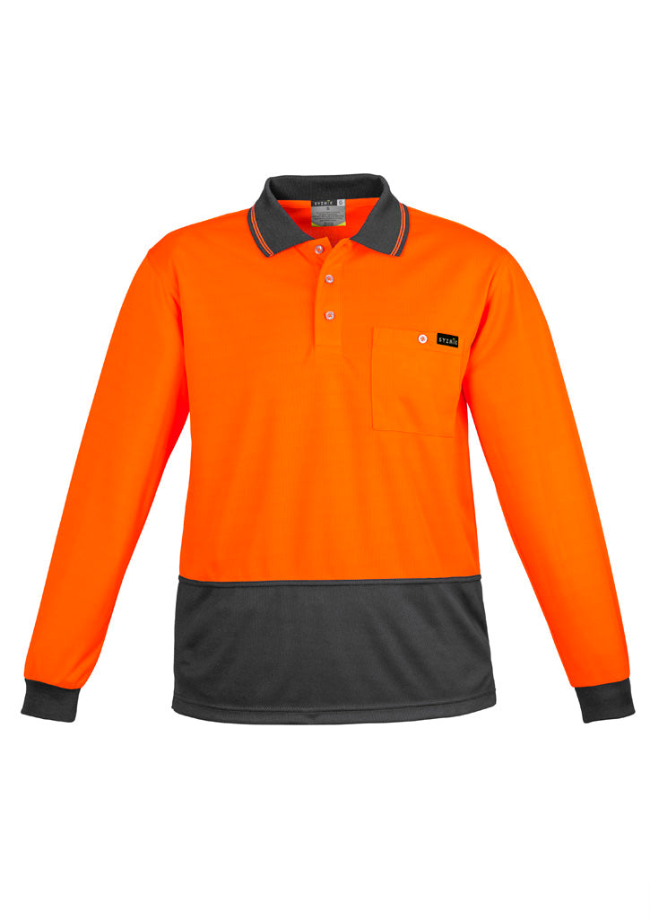 Mens Hi Vis Comfort Back Long Sleeve Polo - Orange/Charcoal - Front