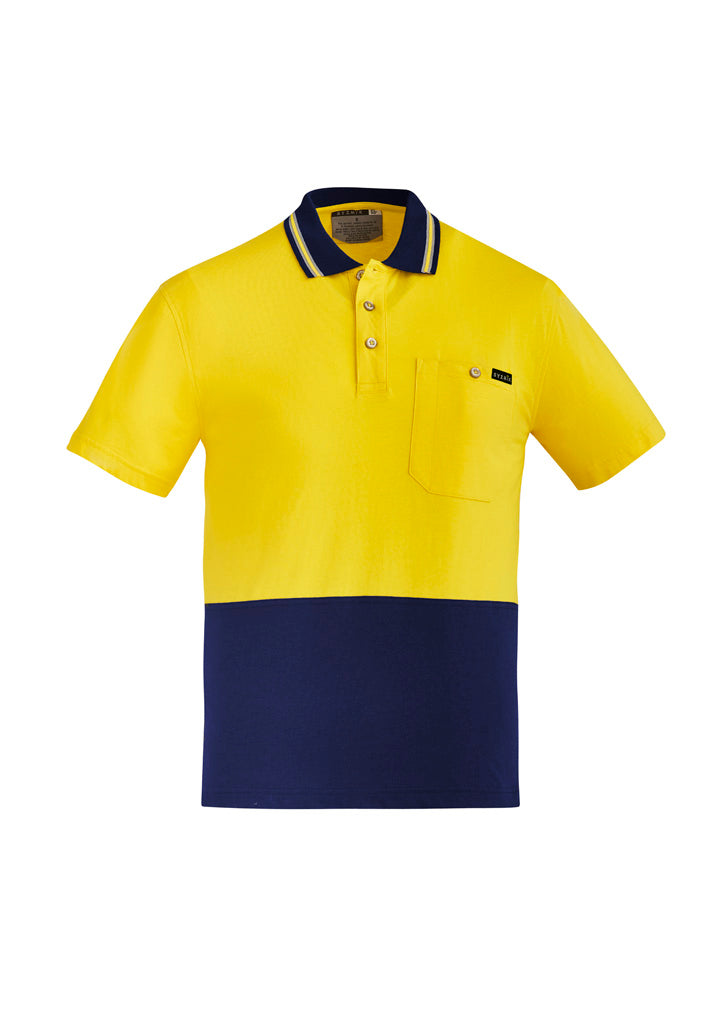 Mens Hi Vis Cotton Short Sleeve Polo - Yellow/Navy - Front