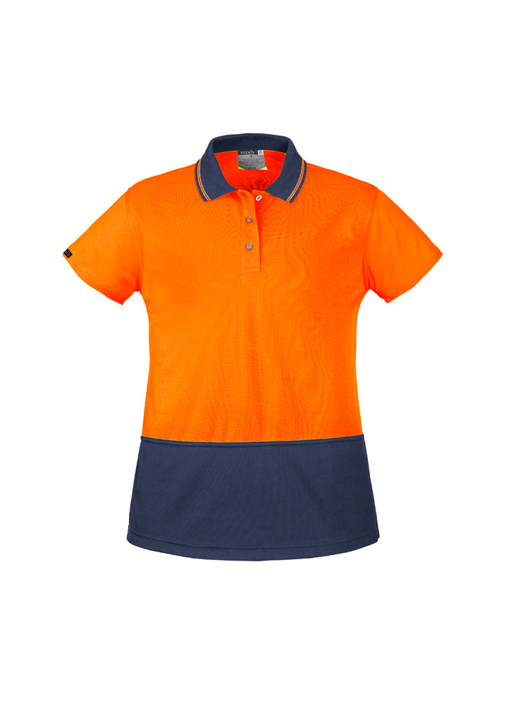 Womens Hi Vis Basic Short Sleeve Polo - Orange/Navy - Front