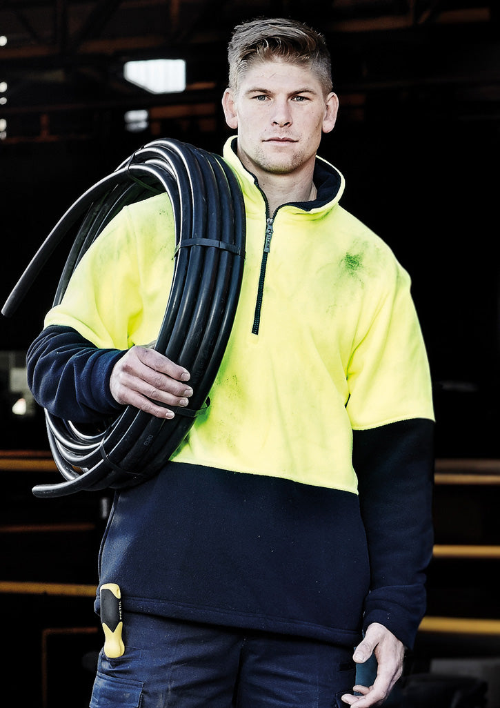 Unisex Hi Vis 1/2 Zip Polar Fleece Pullover - Yellow/Navy - Model
