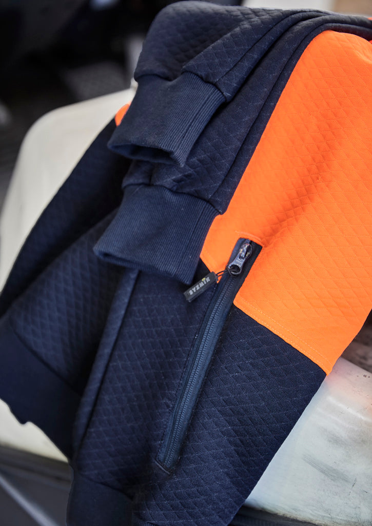 Unisex Hi Vis Textured Jacquard Hoodie - Orange/Navy - Model