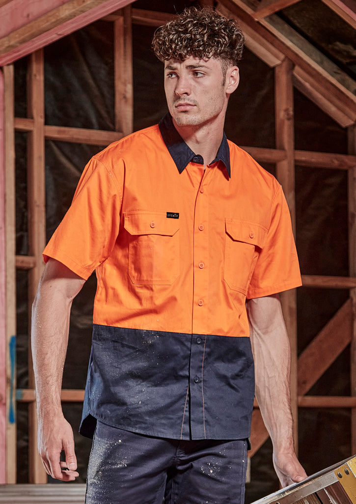 Mens Hi Vis Short Sleeve Shirt - Orange/Navy - Model