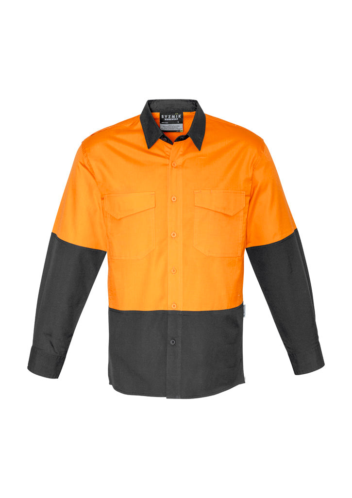 Mens Rugged Cooling Hi Vis Long Sleeve Shirt - Orange/Charcoal - Front
