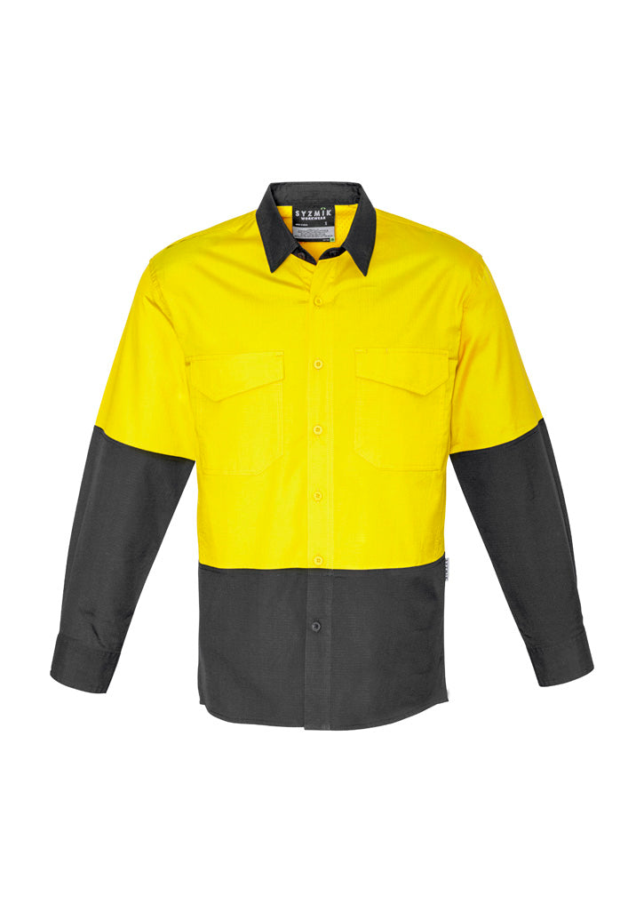 Mens Rugged Cooling Hi Vis Long Sleeve Shirt - Yellow/Charcoal - Front