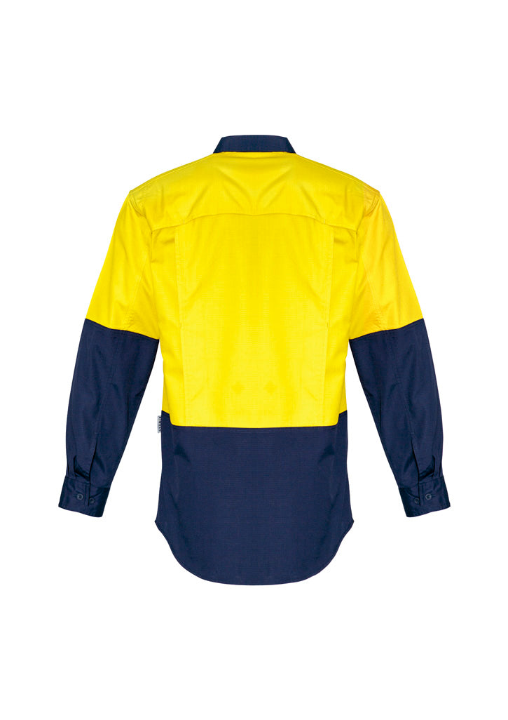 Mens Rugged Cooling Hi Vis Long Sleeve Shirt - Yellow/Navy - Back