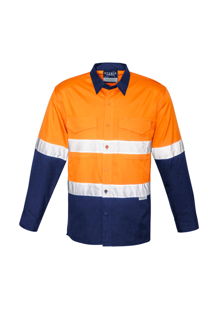 Mens Rugged Cooling Hi Vis Taped Long Sleeve Shirt - Orange/Navy - Front