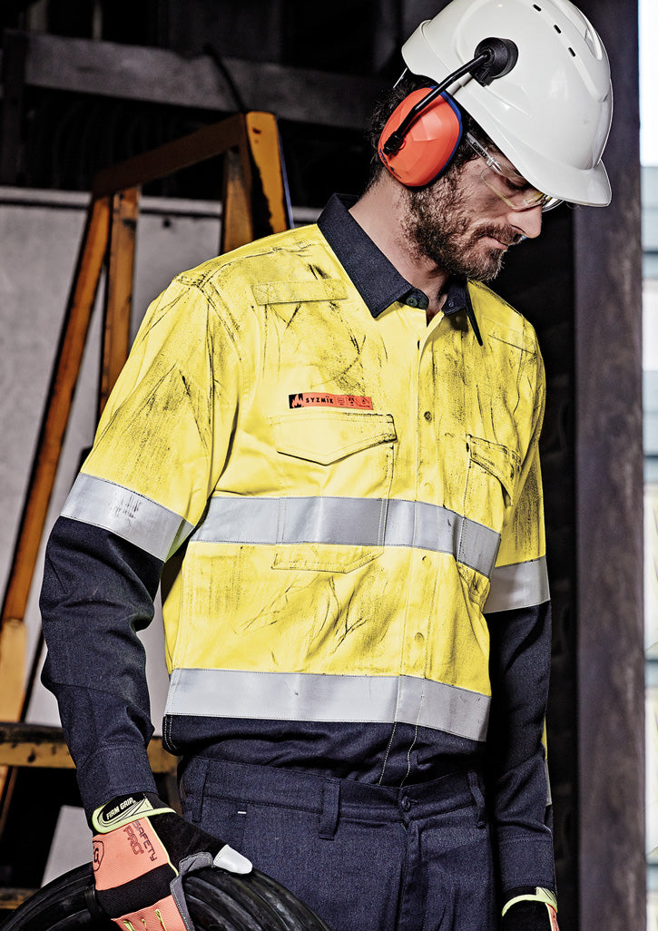 Mens Orange Flame Hi Vis Open Front Spliced Shirt - Hoop Taped - Yellow/Navy - Model