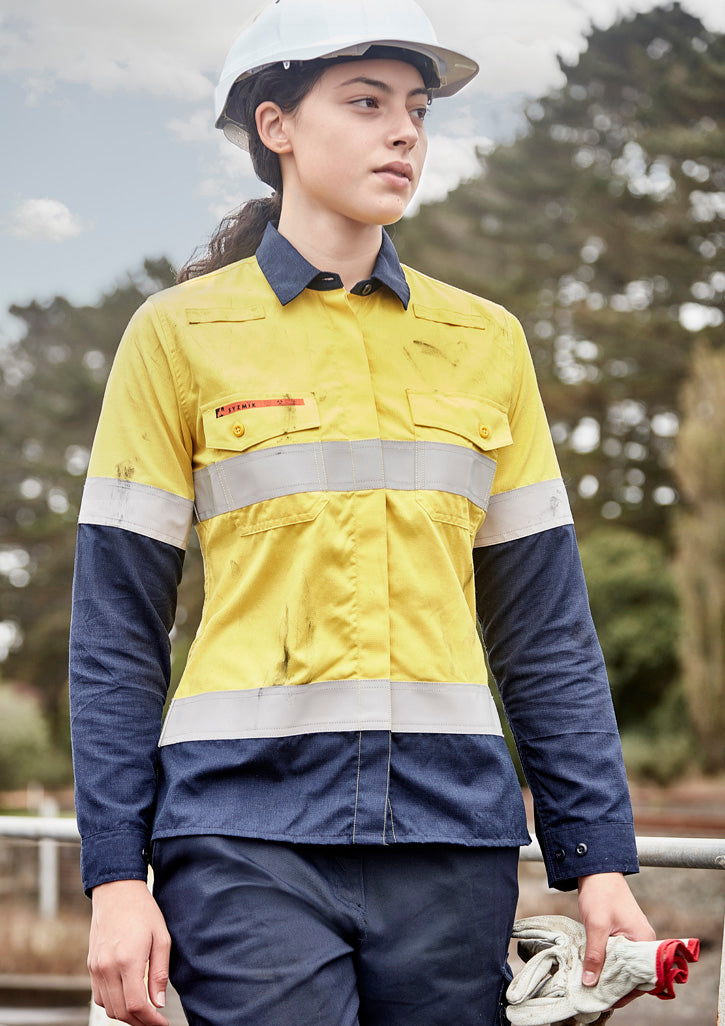Womens Orange Flame Lightweight Ripstop Taped Shirt - Yellow/Navy - Model