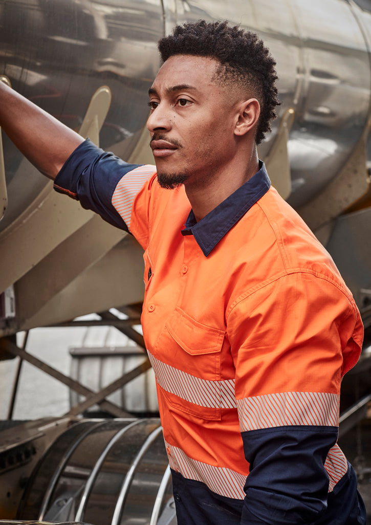 Mens Rugged Cooling Hi Vis Segmented Tape Long Sleeve Shirt - Orange/Navy - Model